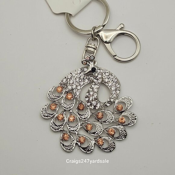 Peacock Key Ring Silver Tone Rhinestones Designed By Betsey Johnson - Picture 1 of 4